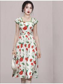  Fashion print retro lantern sleeves waist slim French Dress