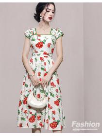  Fashion print retro lantern sleeves waist slim French Dress