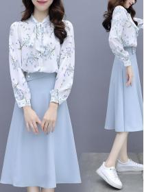 New style women's flower shirt temperament Top+Long skirt two-piece suit