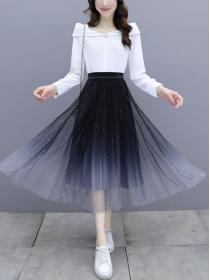 Autumn new temperament simple chiffon top +skirt mesh skirt two-piece set