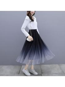 Autumn new temperament simple chiffon top +skirt mesh skirt two-piece set