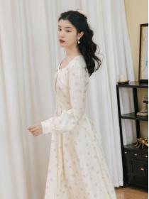 Fall new Vintage style rose pearl jacquard Slim-waist Maxi dress