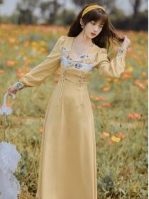 Autumn new retro oil painting jacquard high waist slim Maxi dress