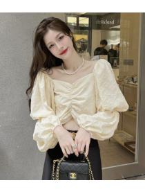 Pleated Puff Sleeves Square Neck Cropped Heart Shirt