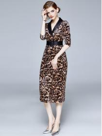 Temperament Velvet Leopard Print Long dress with Belt