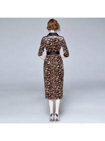 Temperament Velvet Leopard Print Long dress with Belt