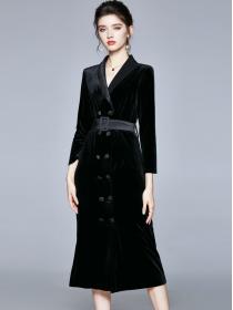 Temperament Fashion Velvet Long dress with Belt