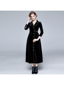 European style suit collar retro black velvet dress