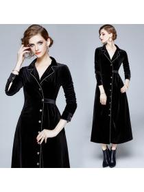 European style suit collar retro black velvet dress
