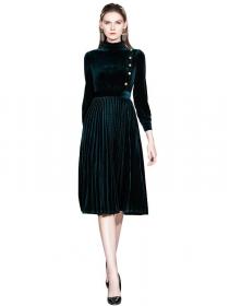 New style Plain pleated long dress mid-length velvet dress