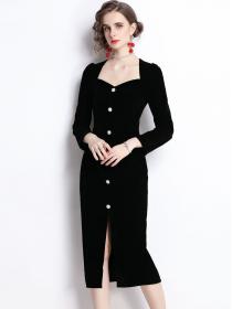 Black Velvet Fashion V-Neck Slim Fit Dress