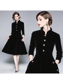 Vintage style Velvet Stand Collar Elegant Slim Dress