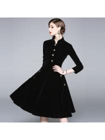 Vintage style Velvet Stand Collar Elegant Slim Dress