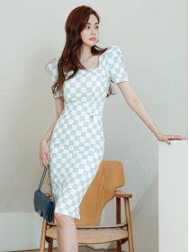 Korean fashion temperament checkerboard print square neck puff sleeves slim dress