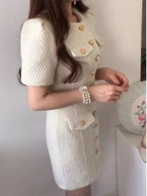 Korean style chic temperament lady round neck tweed dress