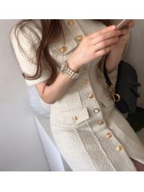 Korean style chic temperament lady round neck tweed dress