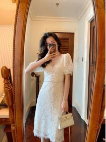 White lace V-neck dress temperament rhinestone dress