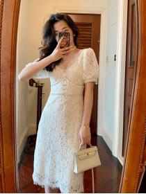 White lace V-neck dress temperament rhinestone dress