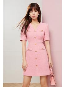 New style V-Neck Pink Elegant Tweed Dress