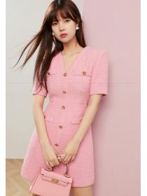 New style V-Neck Pink Elegant Tweed Dress