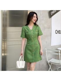 Summer New V-Neck Green Short-sleeved Tweed Dress