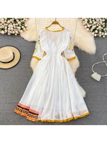 Vintage style embroidery long-sleeved loose V-neck temperament long dress