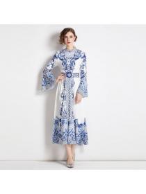 Autumn new single-breasted stand collar Maxi dress