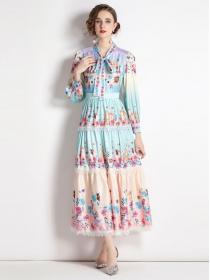 Autumn new Vintage style temperament Layer dress large swing lace Maxi dress