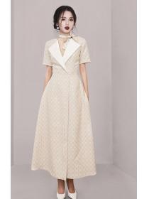  High-end temperament suit collar waist   fashion printing large swing   dress