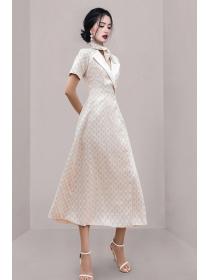  High-end temperament suit collar waist   fashion printing large swing   dress