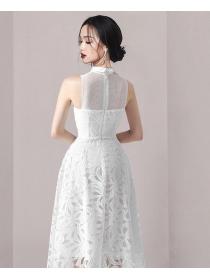 High-end elegant temperament stitching mesh gauze waist  lace dress