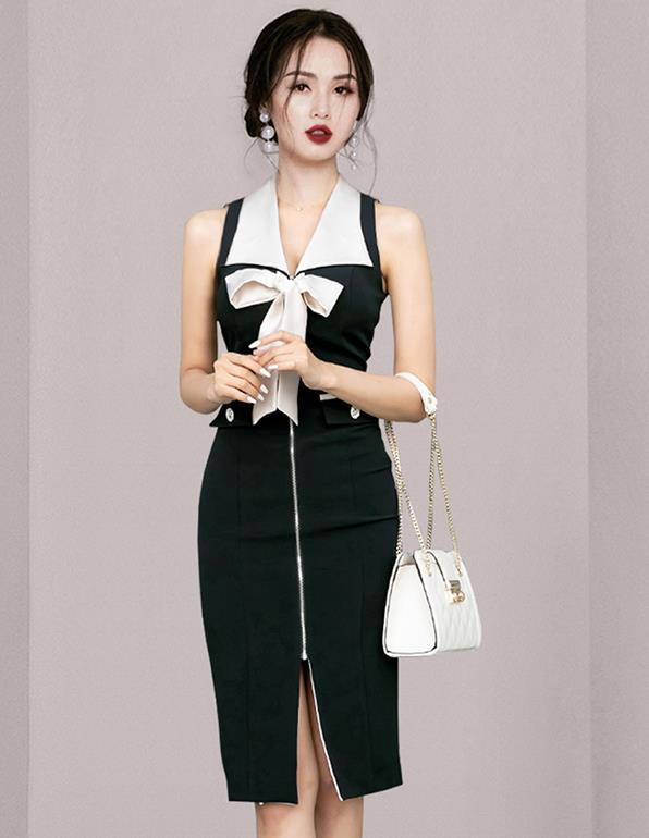 OL Style Color Matching Open Fork Slim Dress