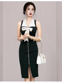 OL Style Color Matching Open Fork Slim Dress 