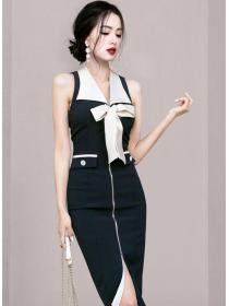 OL Style Color Matching Open Fork Slim Dress 