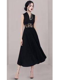 Temperament V-neck lace collocation waist perspective pleated   dress