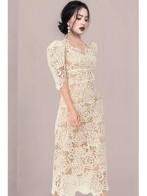 Temperament V-neck lace collocation waist perspective pleated   dress