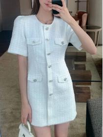 Korean style Round Neck Elegant Short Sleeve Tweed Dress