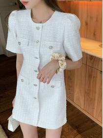 Korean style Round Neck Elegant Short Sleeve Tweed Dress