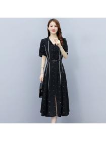 Summer temperament V-neck black polka-dot fashion short-sleeved OL long dress
