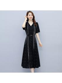 Summer temperament V-neck black polka-dot fashion short-sleeved OL long dress