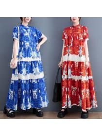Summer Korean style fashion print loose Plus size short-sleeved Maxi dress