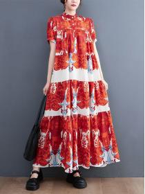Summer Korean style fashion print loose Plus size short-sleeved Maxi dress