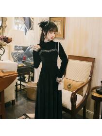 Autumn new Vintage style Velvet Black Maxi Dress for women