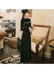 Autumn new Vintage style Velvet Black Maxi Dress for women