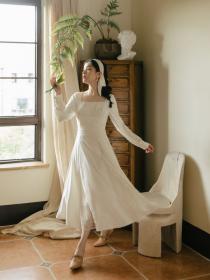 Autumn new Vintage style white slim temperament Maxi dress