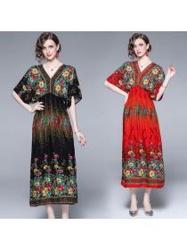 Vintage style V neck floral Boho Maxi dress 