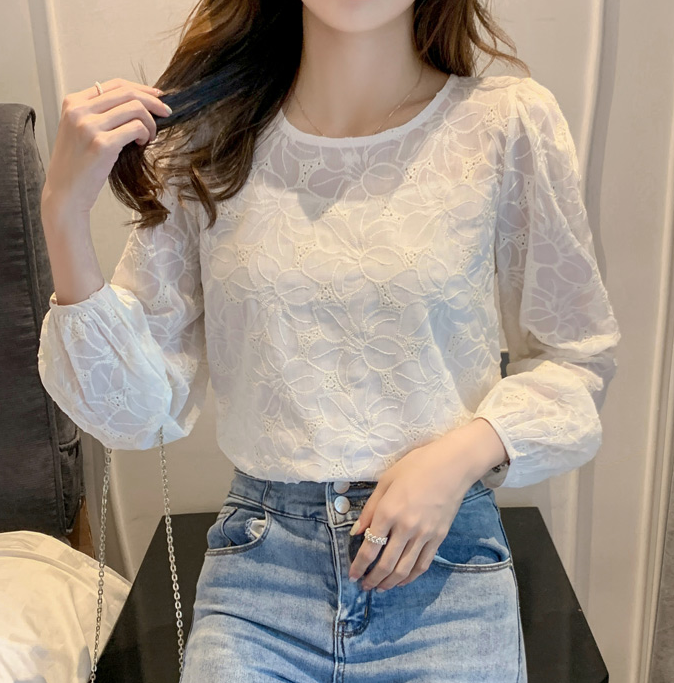 Round neck puff sleeves long sleeves top