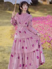New style Purple Embroidered Corduroy Dress Long Maxi dress