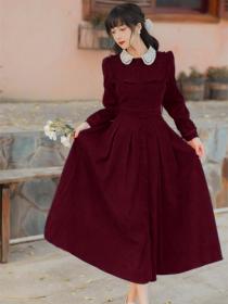 Vintage style Women's Polo Collar Corduroy Long Sleeve Dress Maxi dress