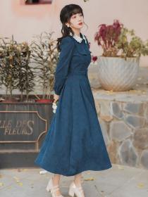 Vintage style Women's Polo Collar Corduroy Long Sleeve Dress Maxi dress